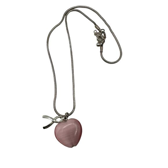 Pink Cat Eye Heart Shaped Breast Cancer Awareness Silver Tone Necklace - Picture 4 of 5